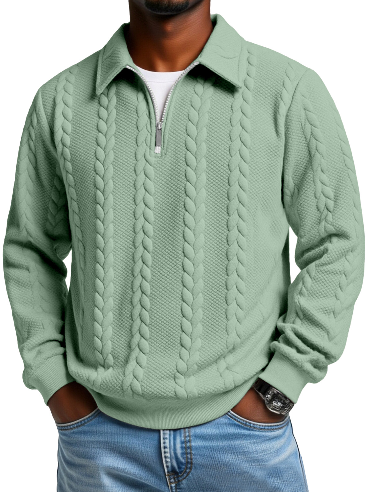 Men's Casual Solid Color Twist Texture Loose Long-sleeved Lapel Zipper