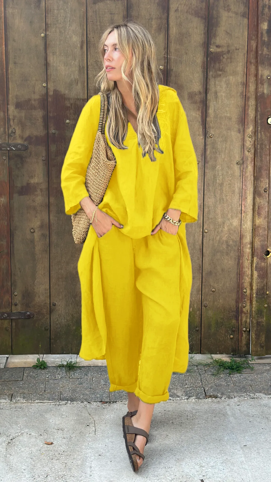 Comfortable Cotton and linen casual solid color 2-piece Set(Buy 2 Free