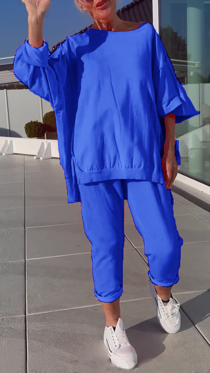 Women's Round Neck Slit Fluorescent Color Casual Suit