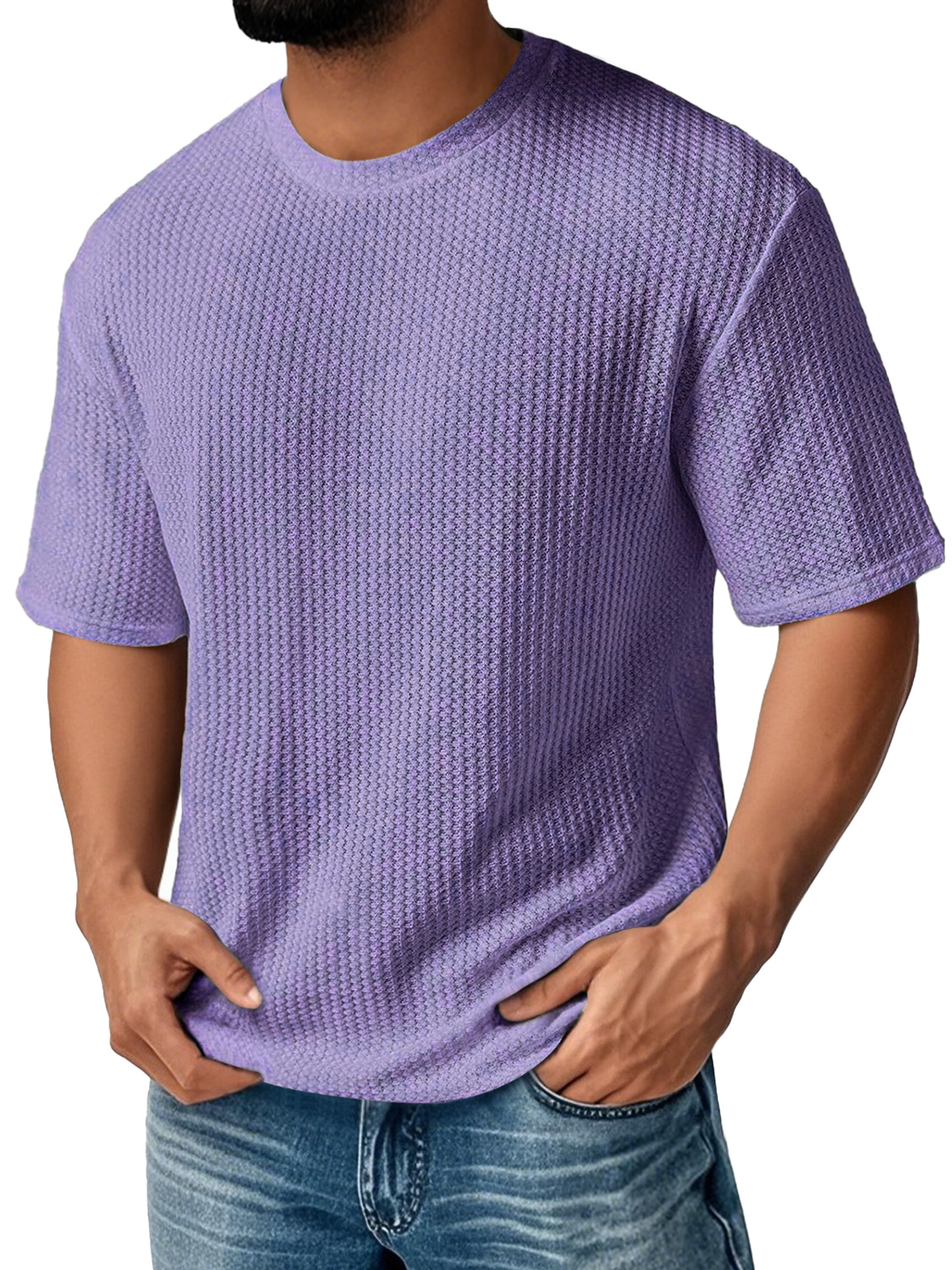 Men's Daily Round Neck Waffle Casual Solid Color Comfortable Short Sle