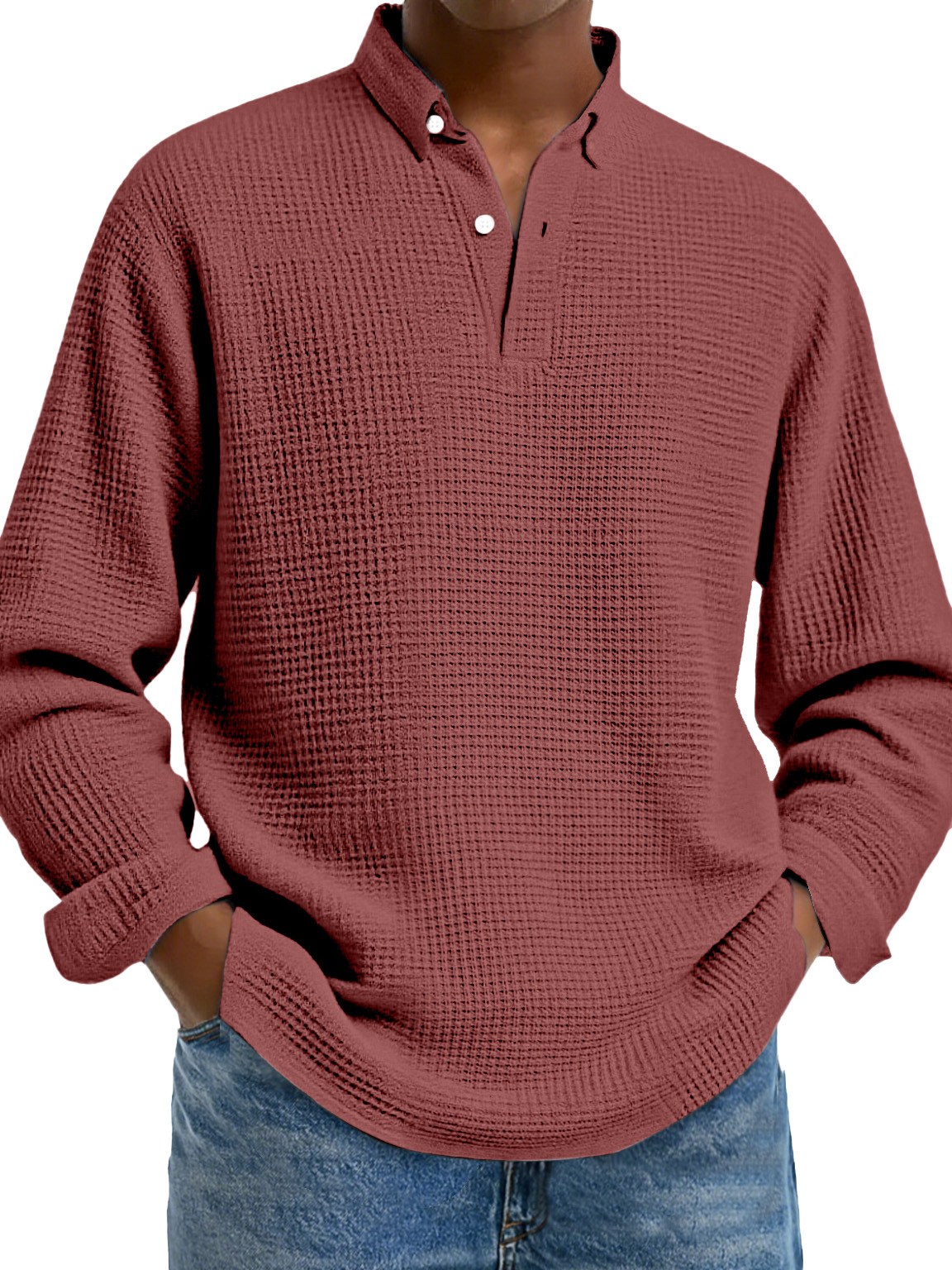 Men's Simple Solid Color Waffle Lapel Long Sleeve Polo Shirt