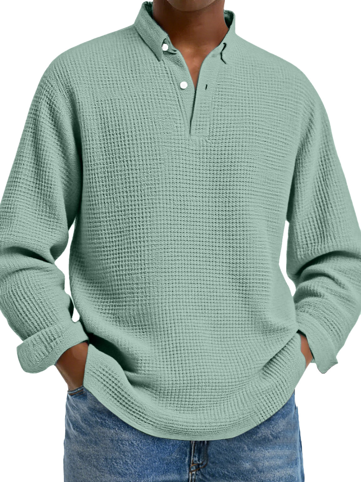 Men's Simple Solid Color Waffle Lapel Long Sleeve Polo Shirt