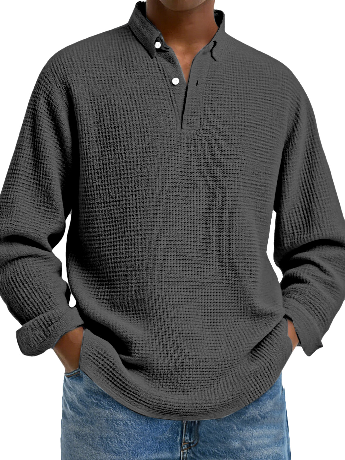 Men's Simple Solid Color Waffle Lapel Long Sleeve Polo Shirt