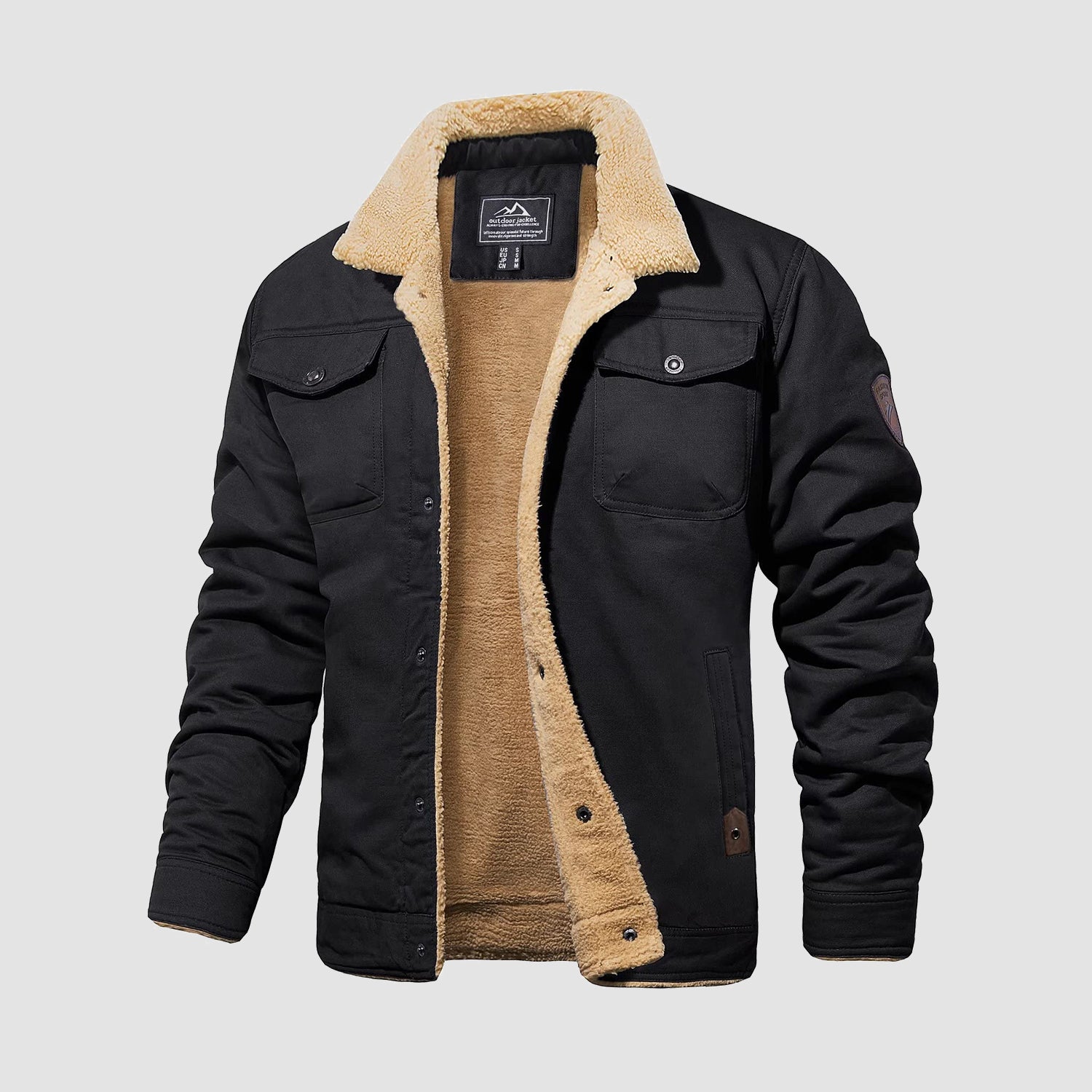 Men's Sherpa Trucker Jacket 5 Pockets Cotton Cargo Jacket Turn-down Co