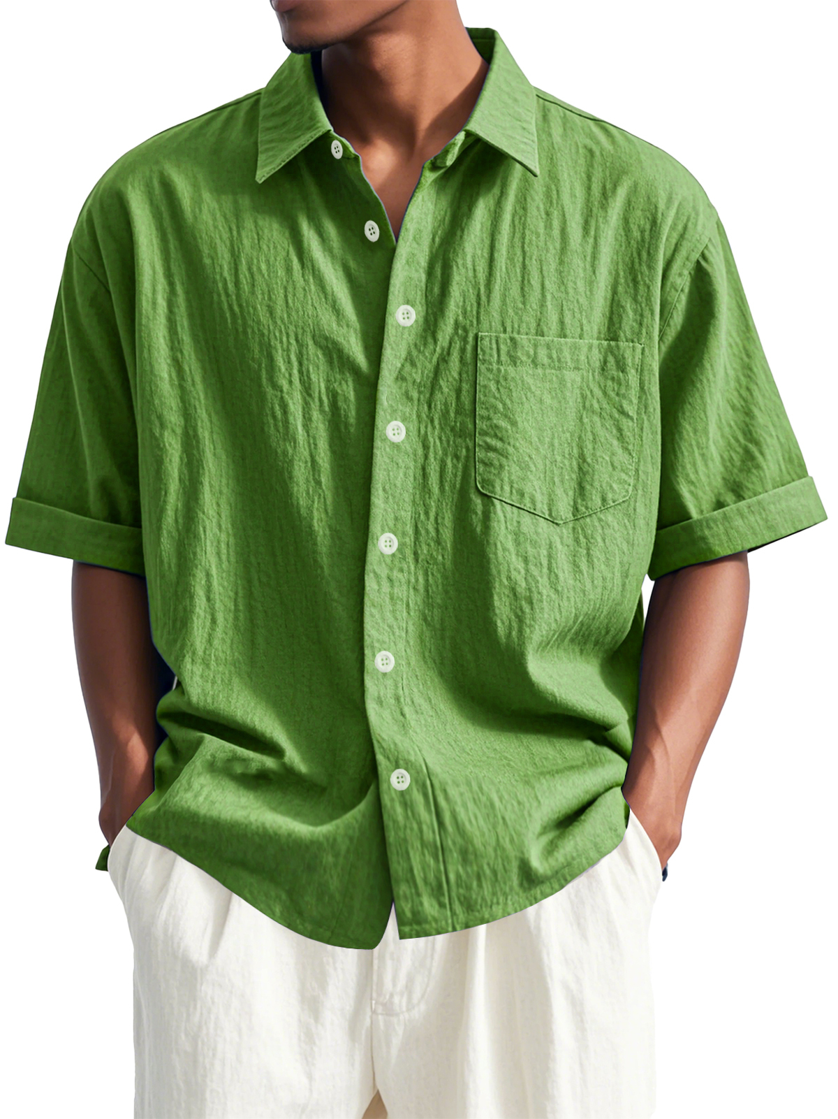 Men's Fashion Casual Pleated Fabric Short Sleeve Lapel Pocket Shirt