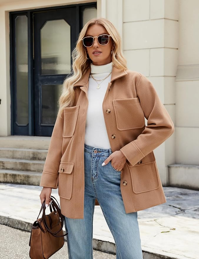 Omoone 2025 Winter Elegant Womens Pea Coat Mid Long Wool Coat Wool Blend Trench Coat with Pockets