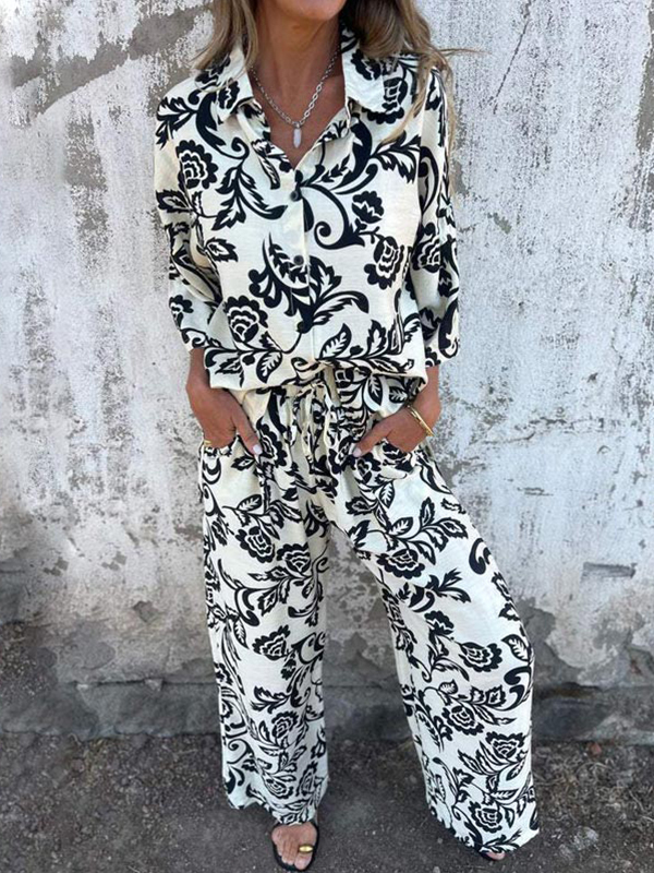 Women's Fashion Two Piece Printed Lapel Button-Down Shirt and Wide-Leg