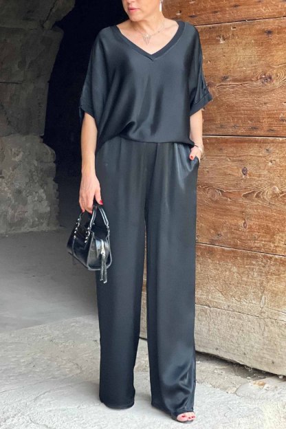 Women's V-Neck Tops Long Pants Set Casual Loose Outfit Summer Homewear Suit