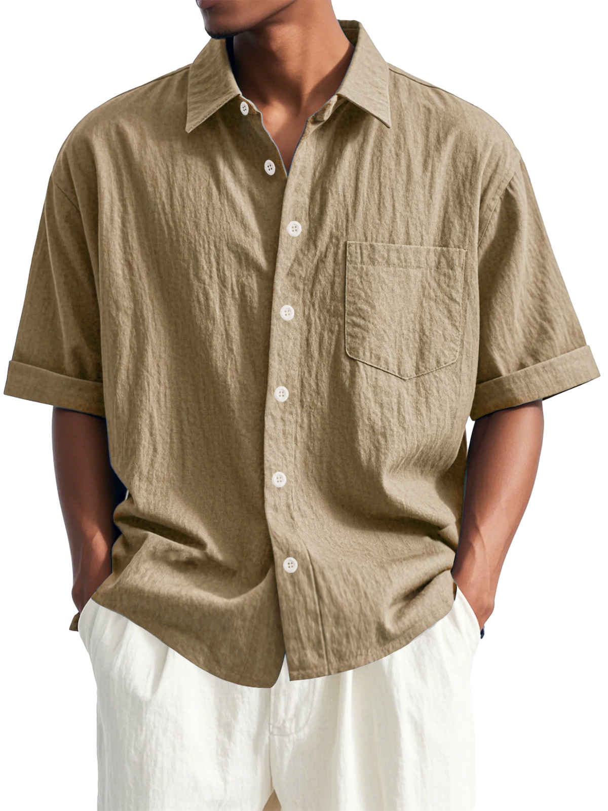 Men's Fashion Casual Pleated Fabric Short Sleeve Lapel Pocket Shirt
