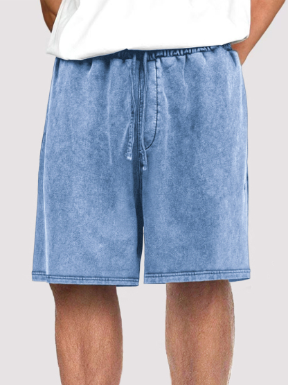 Men's Vintage Distressed Drawstring Stylish Washed Casual Textured Shorts With Side Pockets