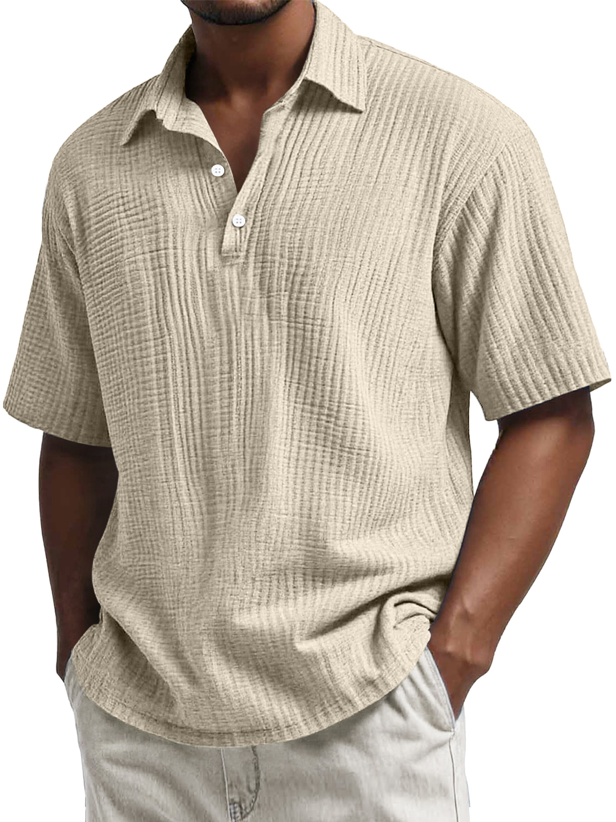 Men's Daily Pleated Texture Lapel Button Casual Short Sleeve POLO Shir