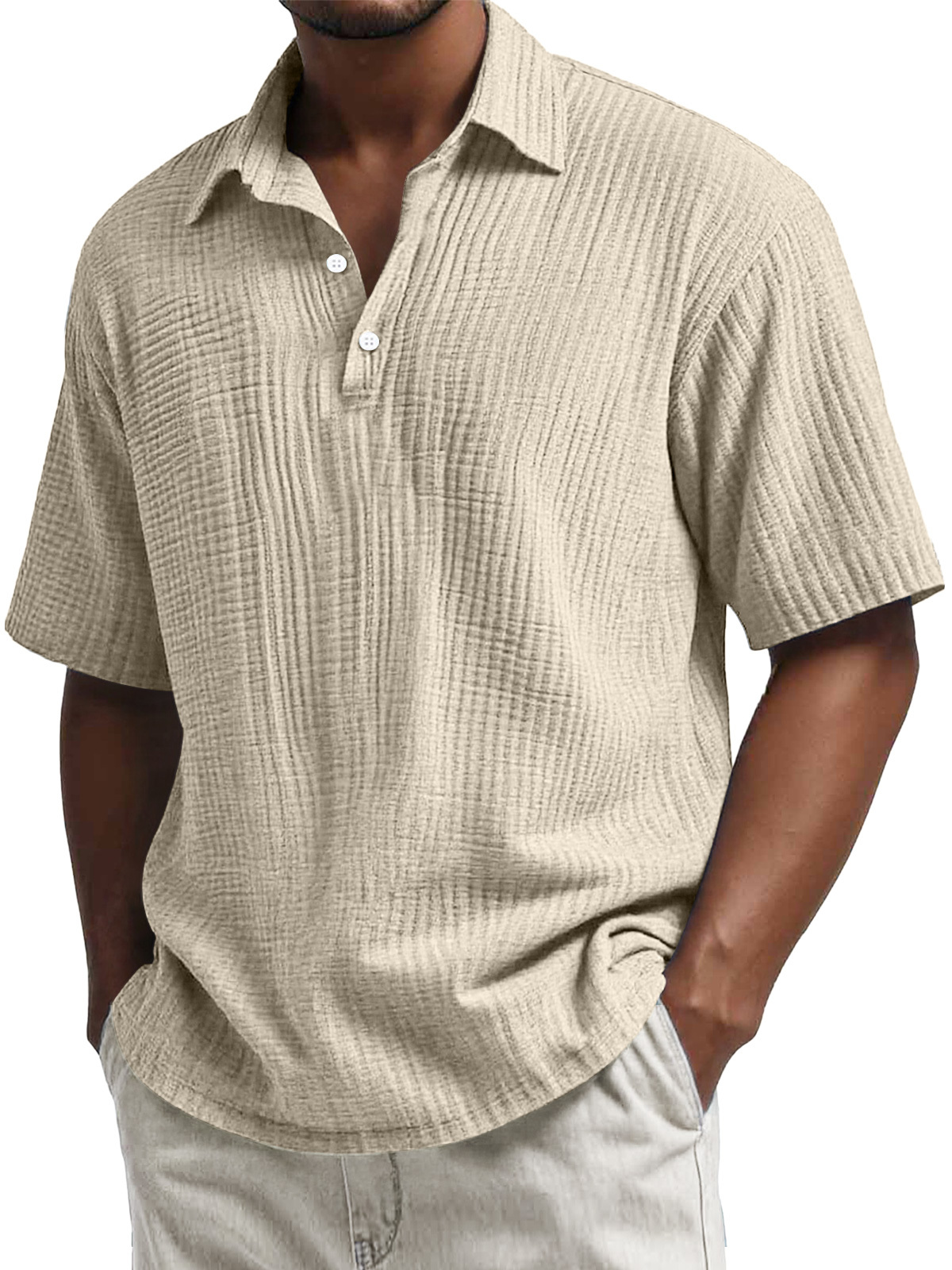 Men's Daily Pleated Texture Lapel Button Casual Short Sleeve POLO Shirt