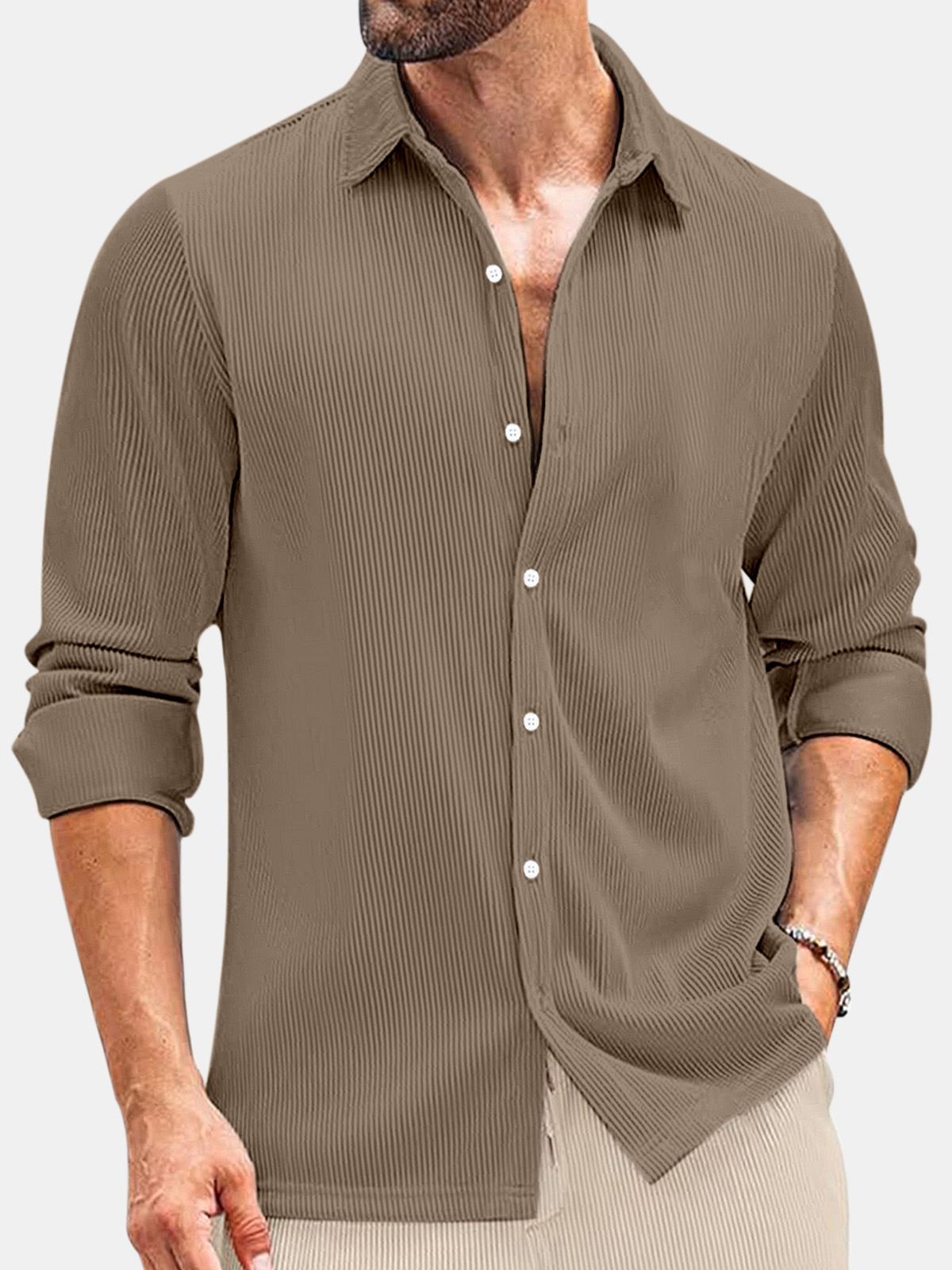Men's Comfortable Solid Color Vertical Stripe Casual Long-sleeved Shirt
