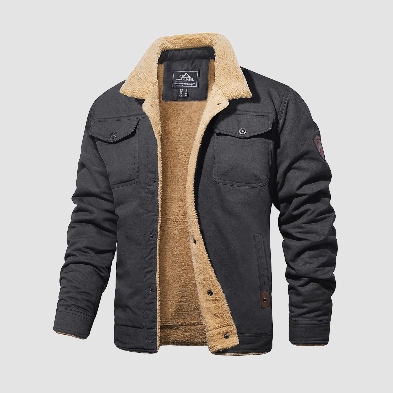 Men's Sherpa Trucker Jacket 5 Pockets Cotton Cargo Jacket Turn-down Co