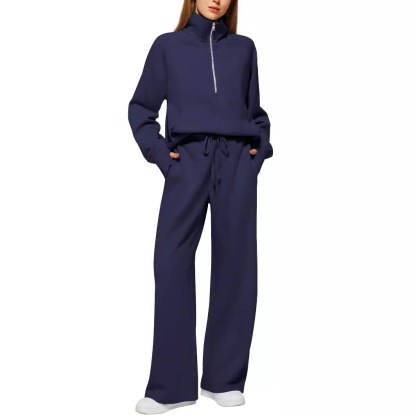 Women's two-piece oversized half-zip sweatshirt and wide-leg sweatpants casual set
