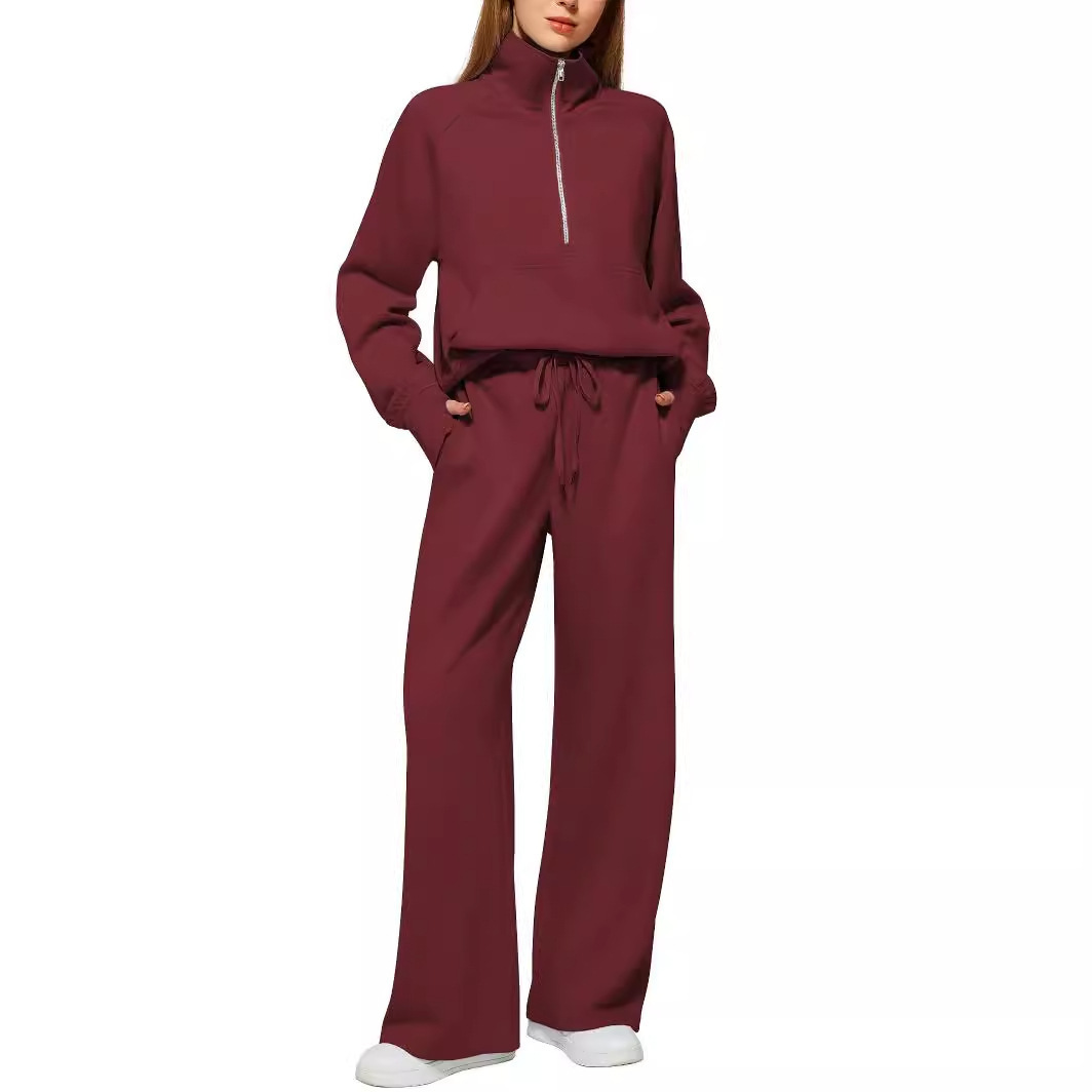 Women's two-piece oversized half-zip sweatshirt and wide-leg sweatpants casual set