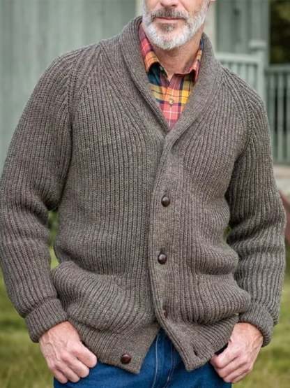 Men's Retro Solid Color Warm Knitted Cardigan Sweater