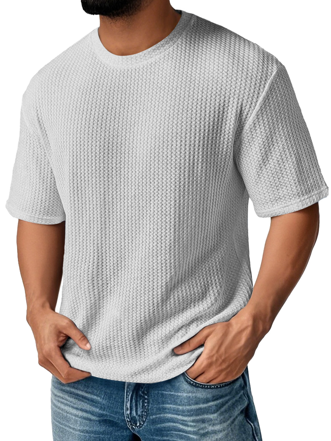 Men's Daily Round Neck Waffle Casual Solid Color Comfortable Short Sle