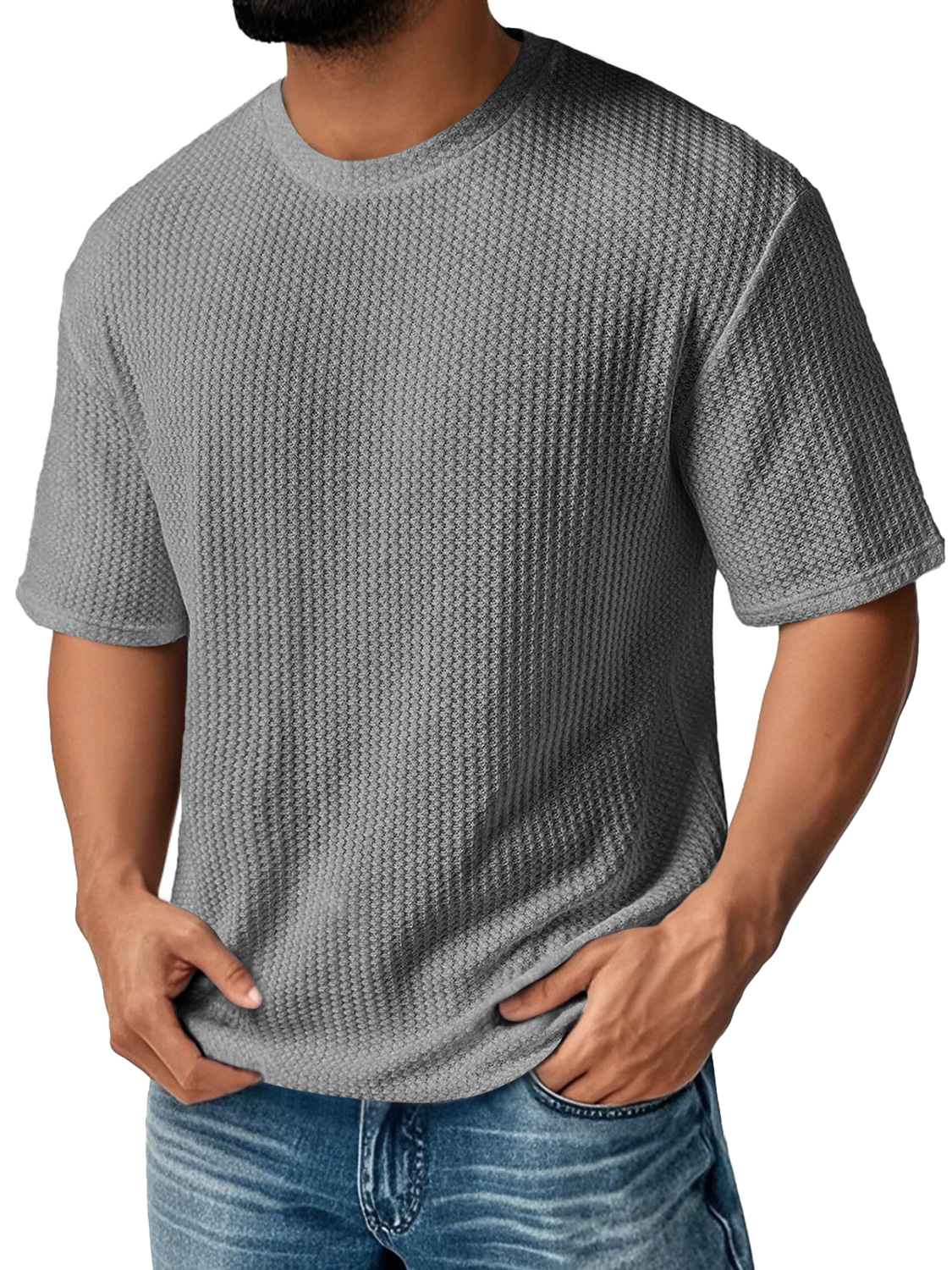 Men's Daily Round Neck Waffle Casual Solid Color Comfortable Short Sle