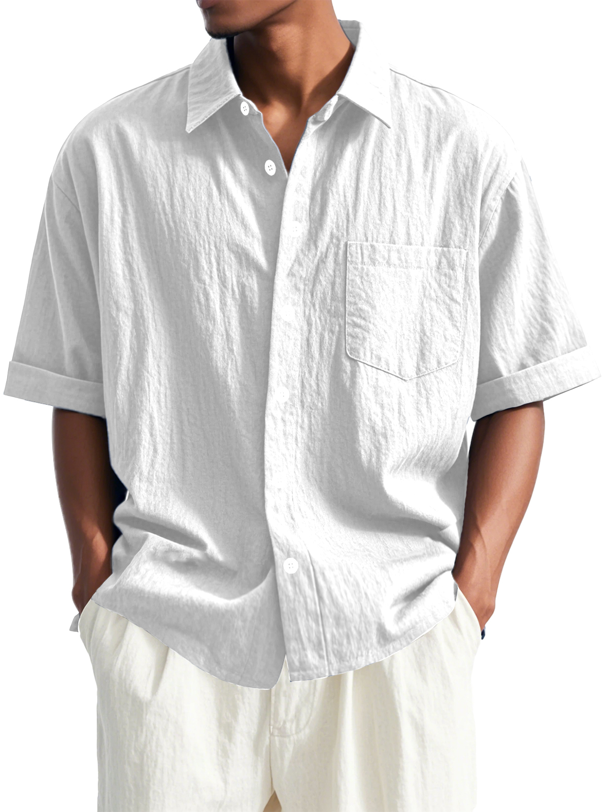 Men's Fashion Casual Pleated Fabric Short Sleeve Lapel Pocket Shirt