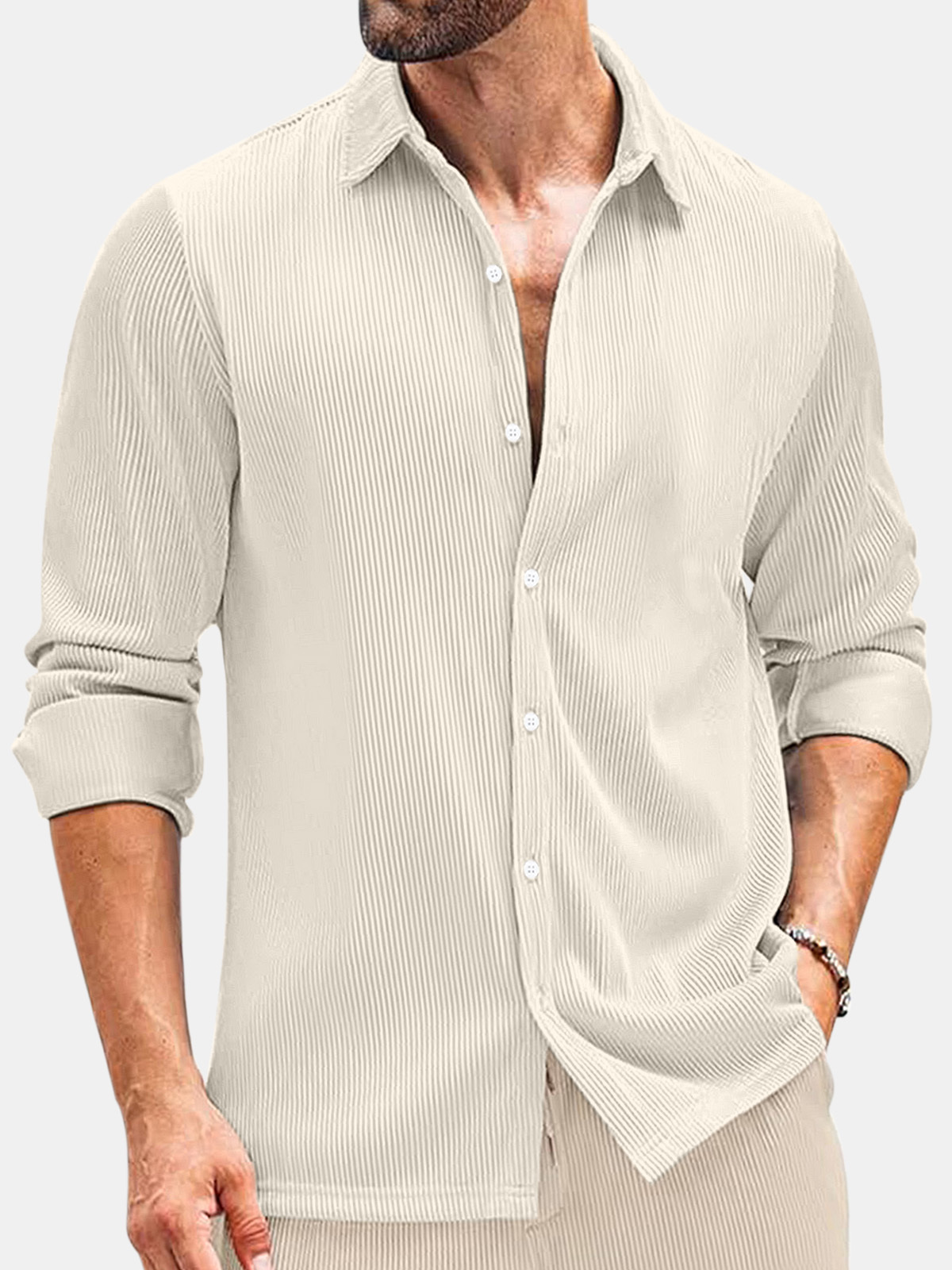 Men's Comfortable Solid Color Vertical Stripe Casual Long-sleeved Shirt