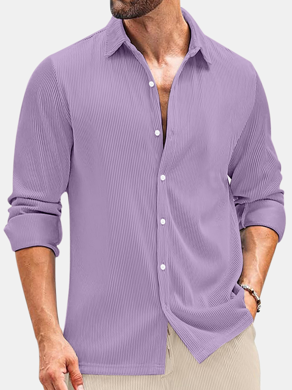 Men's Comfortable Solid Color Vertical Stripe Casual Long-sleeved Shirt