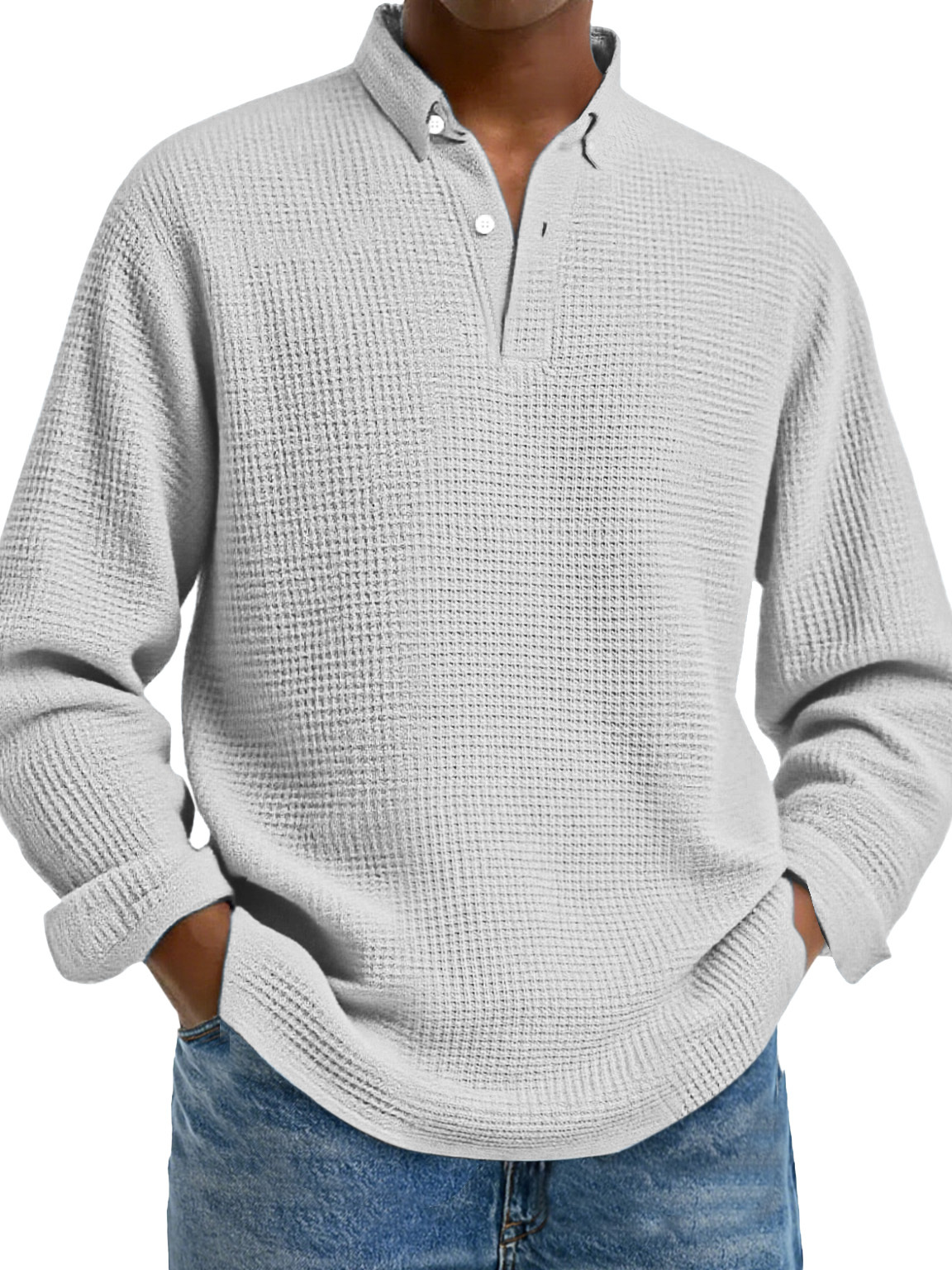 Men's Simple Solid Color Waffle Lapel Long Sleeve Polo Shirt