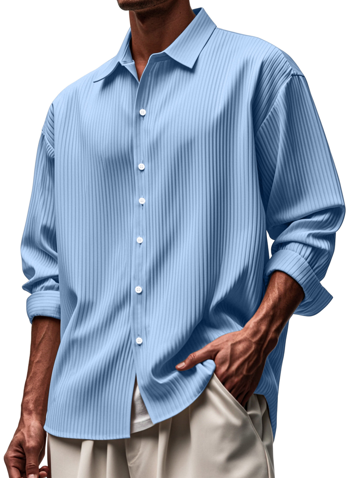 Men's Everyday Solid Color Pitted Lapel Button-down Long-sleeved Shirt