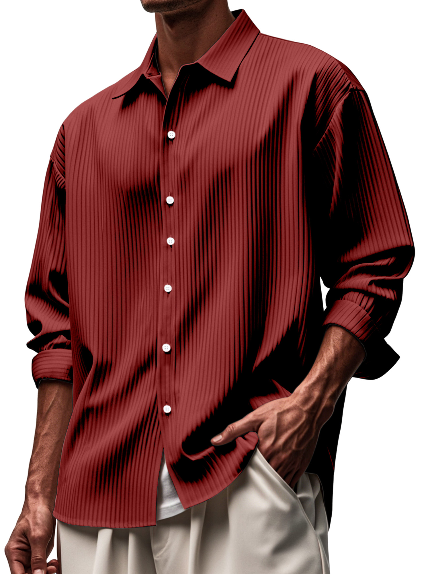 Men's Everyday Solid Color Pitted Lapel Button-down Long-sleeved Shirt