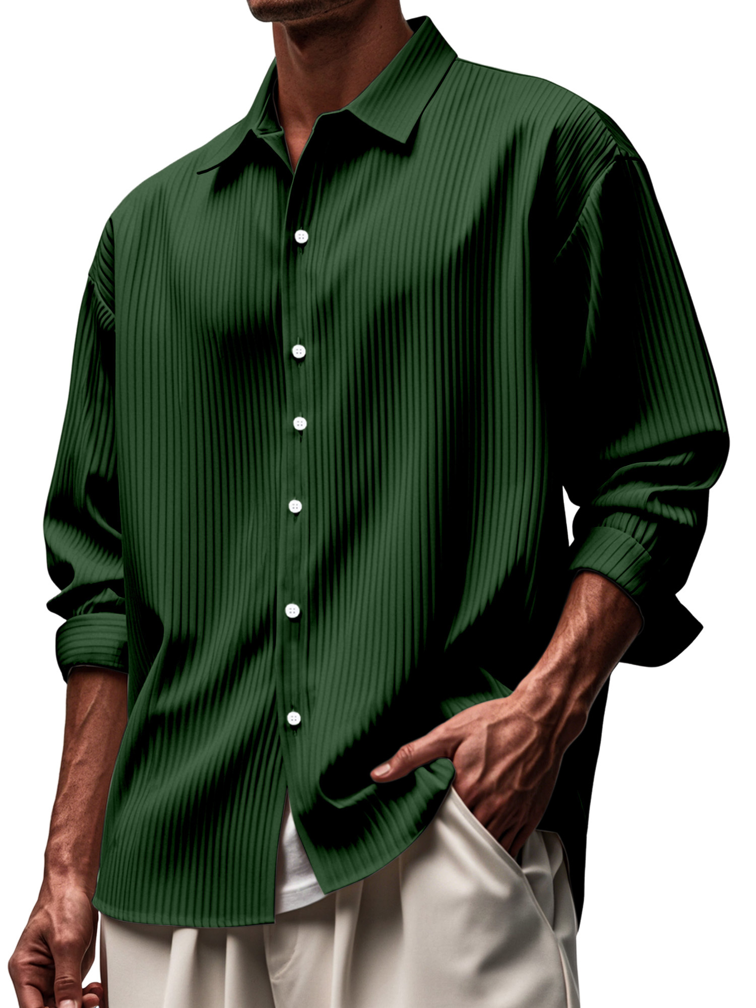 Men's Everyday Solid Color Pitted Lapel Button-down Long-sleeved Shirt