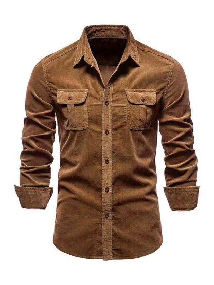 Men's Casual Corduroy Double Pocket Solid Color Long Sleeve Shirt