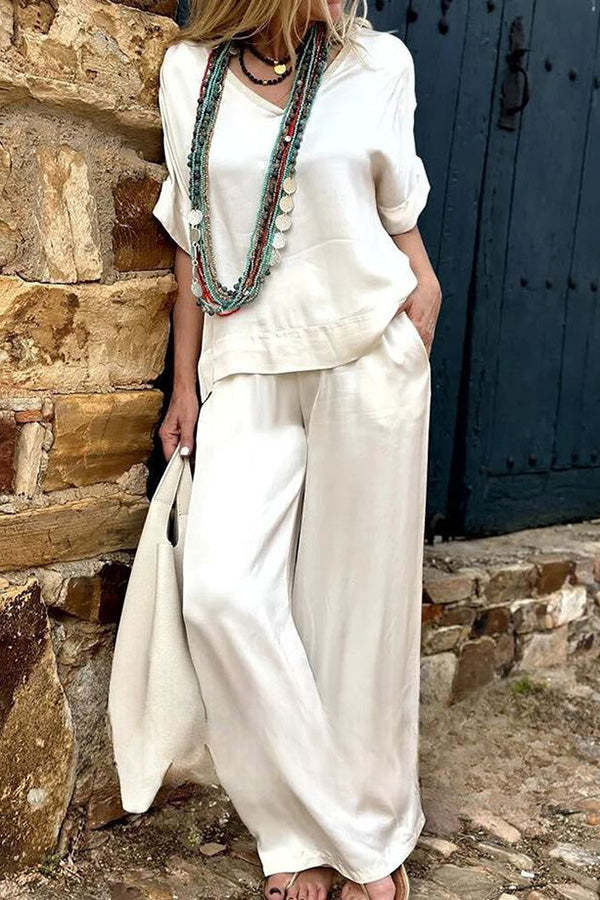 Satin Solid Color Short-sleeved V-neck Top and Elastic Waist Pocket Wi