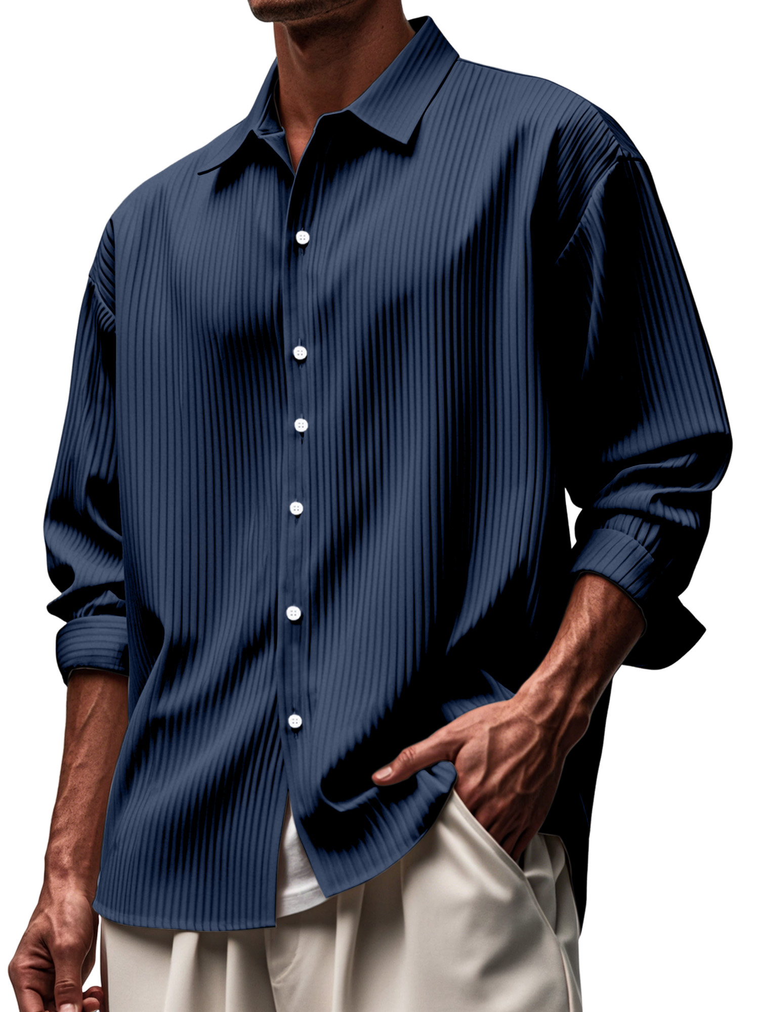 Men's Everyday Solid Color Pitted Lapel Button-down Long-sleeved Shirt