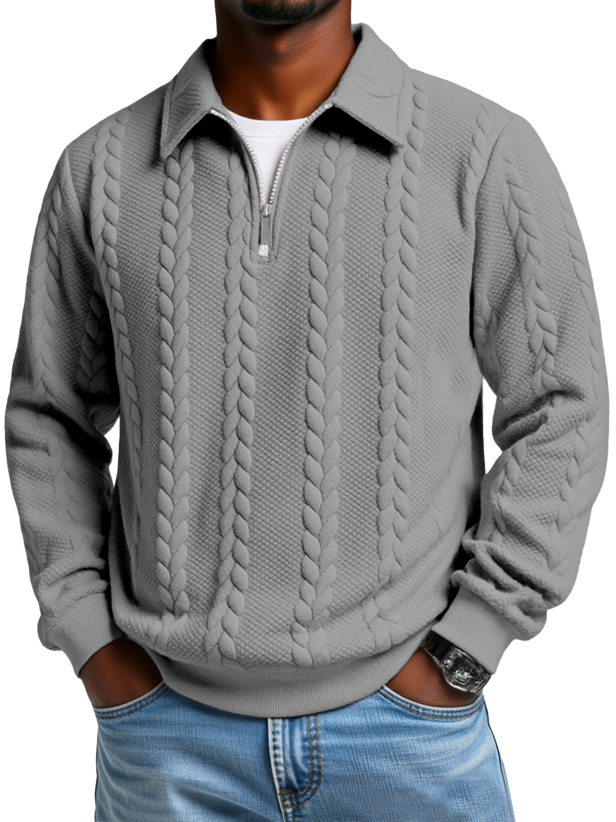 Men's Casual Solid Color Twist Texture Loose Long-sleeved Lapel Zipper
