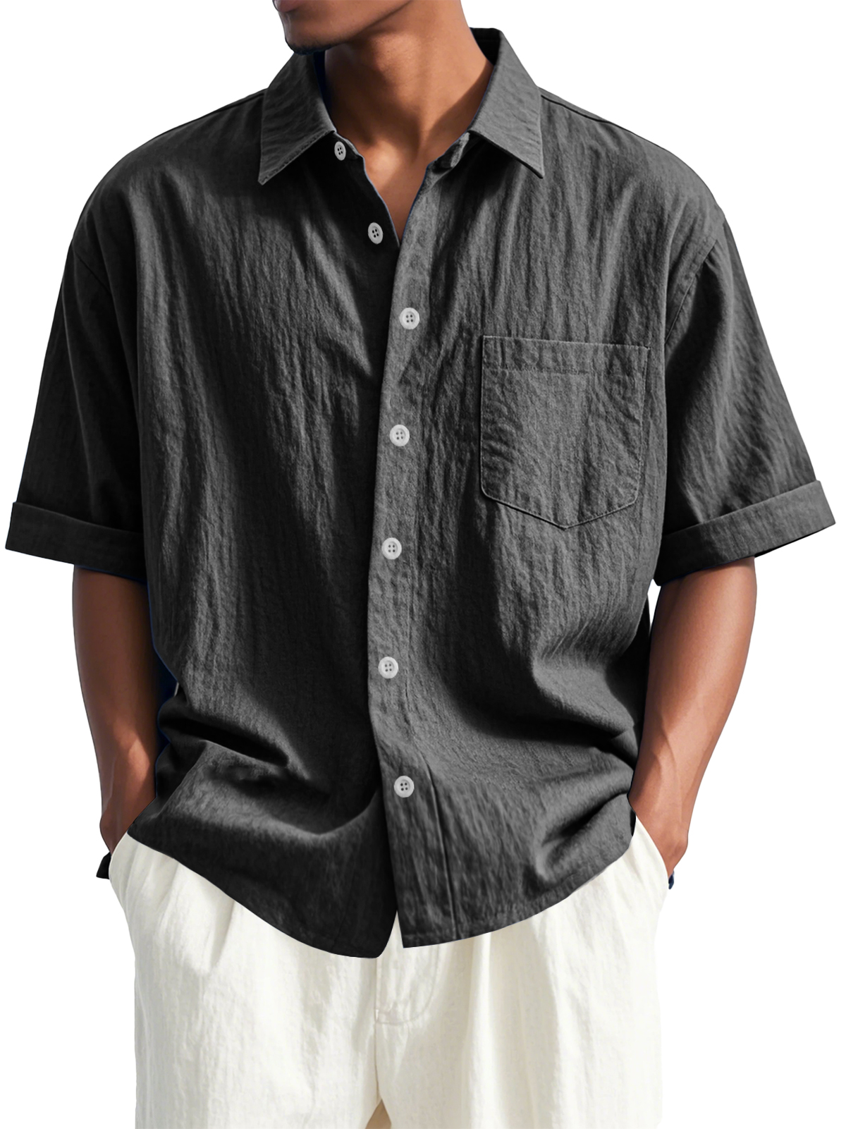 Men's Fashion Casual Pleated Fabric Short Sleeve Lapel Pocket Shirt