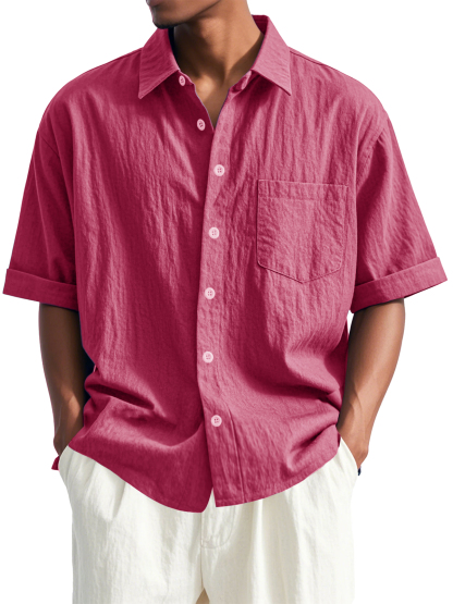 Men's Fashion Casual Pleated Fabric Short Sleeve Lapel Pocket Shirt