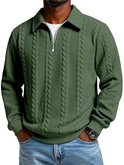 Men's Casual Solid Color Twist Texture Loose Long-sleeved Lapel Zipper Polo Shirt