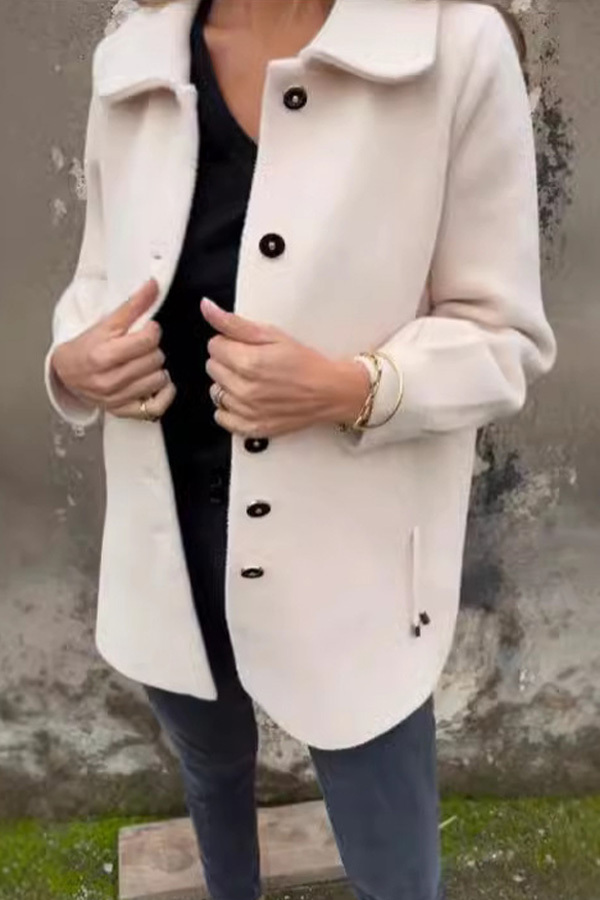 Casual Daily Solid Color Buttons Gross Turn-back Collar Outerwear Women Coat
