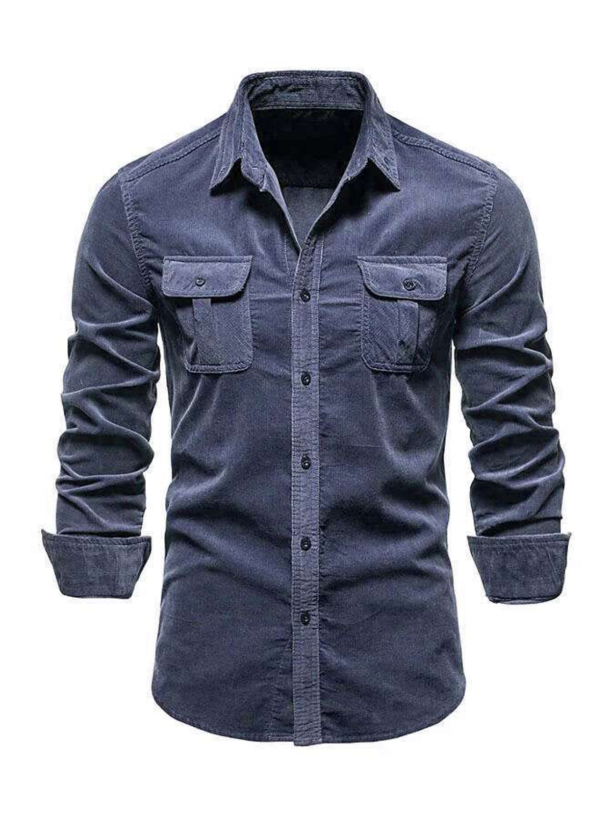 Men's Casual Corduroy Double Pocket Solid Color Long Sleeve Shirt