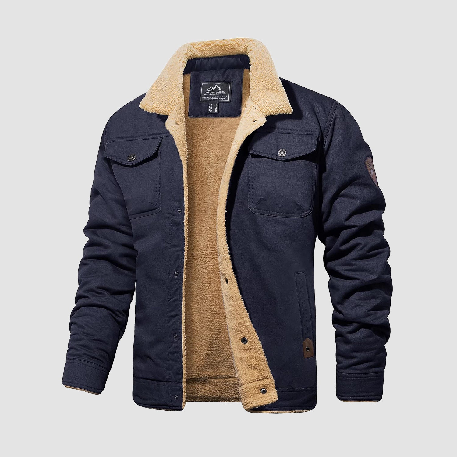 Men's Sherpa Trucker Jacket 5 Pockets Cotton Cargo Jacket Turn-down Co