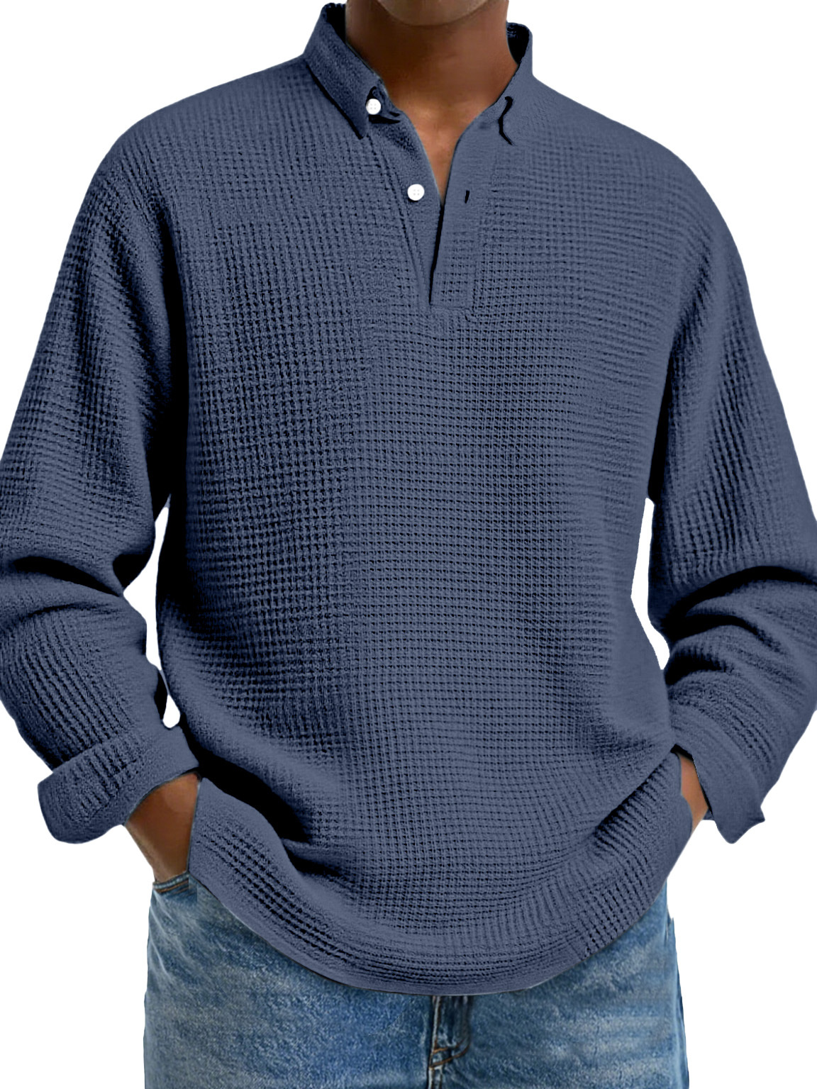Men's Simple Solid Color Waffle Lapel Long Sleeve Polo Shirt