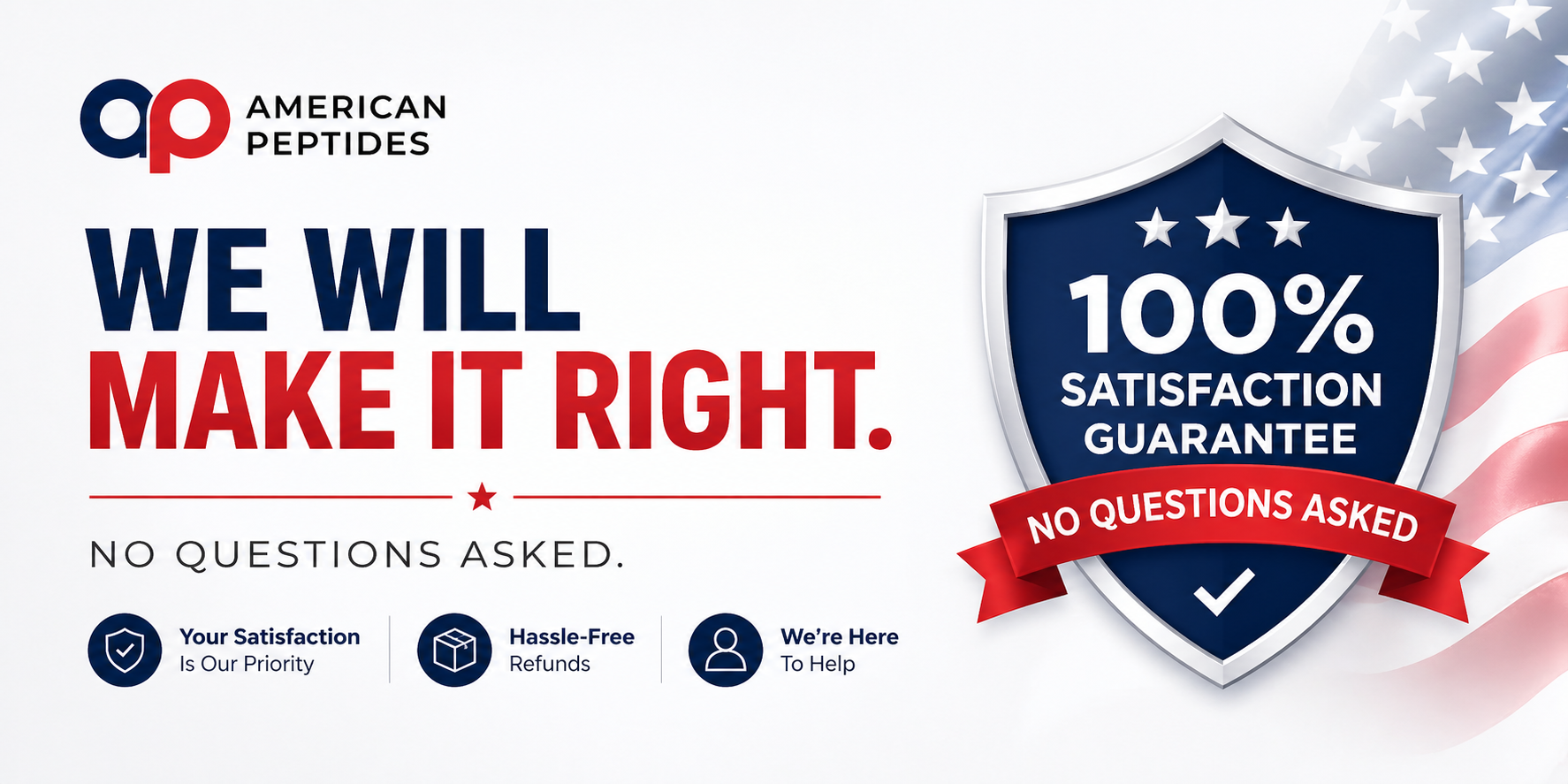 American Peptides &mdash; We Will Make It Right &middot; 100% Satisfaction Guarantee &middot; No Questions Asked