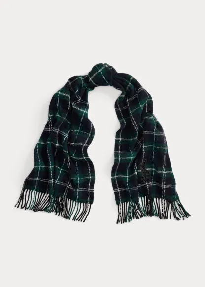 Beaded Big Pony Plaid Wool Scarf