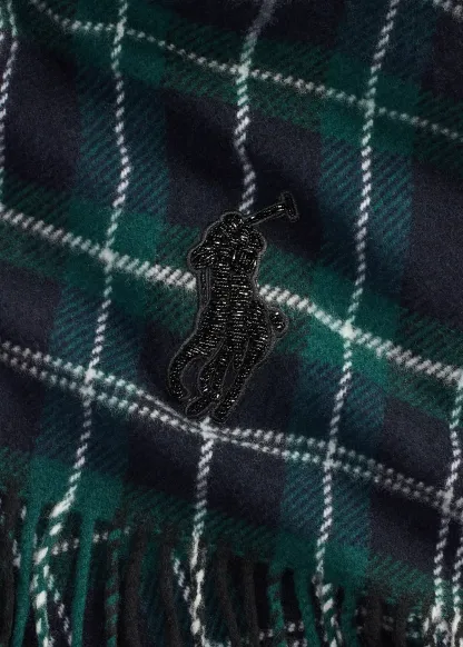 Beaded Big Pony Plaid Wool Scarf