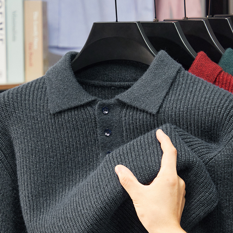 2025 Men's Autumn and Winter Cashmere Ribbed Knit Polo Sweater
