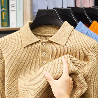 2025 Men's Autumn and Winter Cashmere Ribbed Knit Polo Sweater