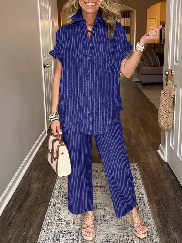 ⏰ LAST DAY SAVE 50% 💥Cotton Linen Striped Classic Pocket Shirt Set