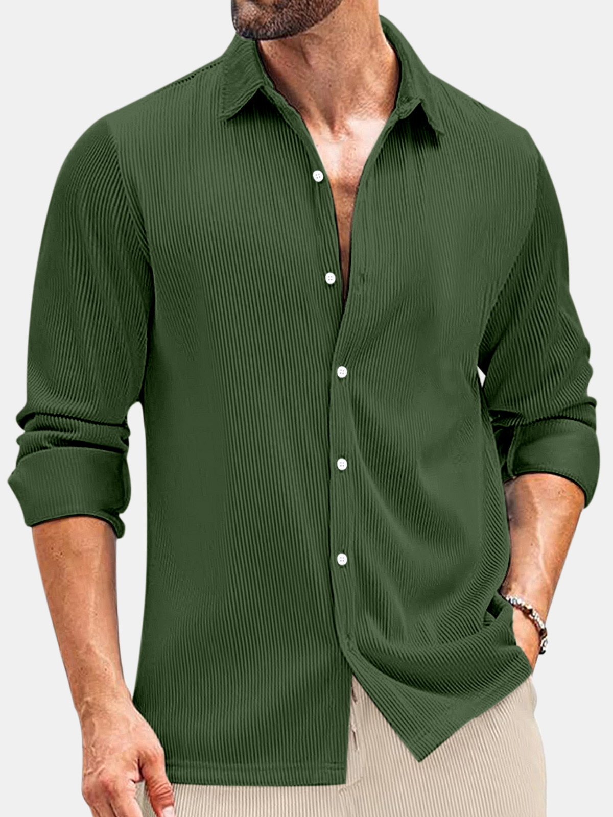 Men's Comfortable Solid Color Vertical Stripe Casual Long-sleeved Shirt