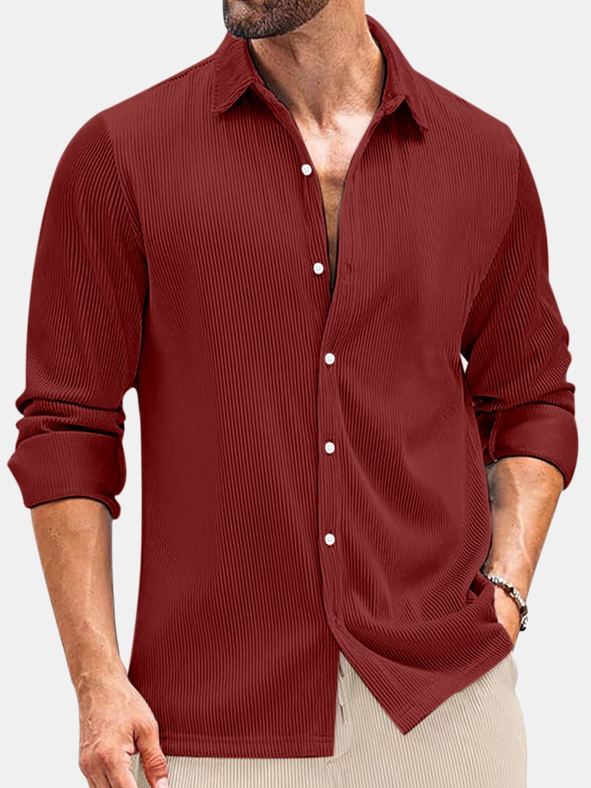 Men's Comfortable Solid Color Vertical Stripe Casual Long-sleeved Shirt
