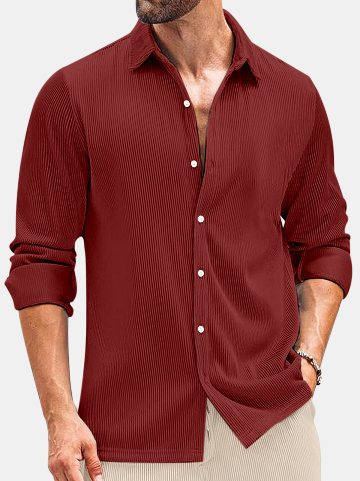 Men's Comfortable Solid Color Vertical Stripe Casual Long-sleeved Shirt